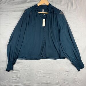 NWT Anthropologie Womens Green Ruffle High Neck Sheer Button Front Blouse Sz 12
